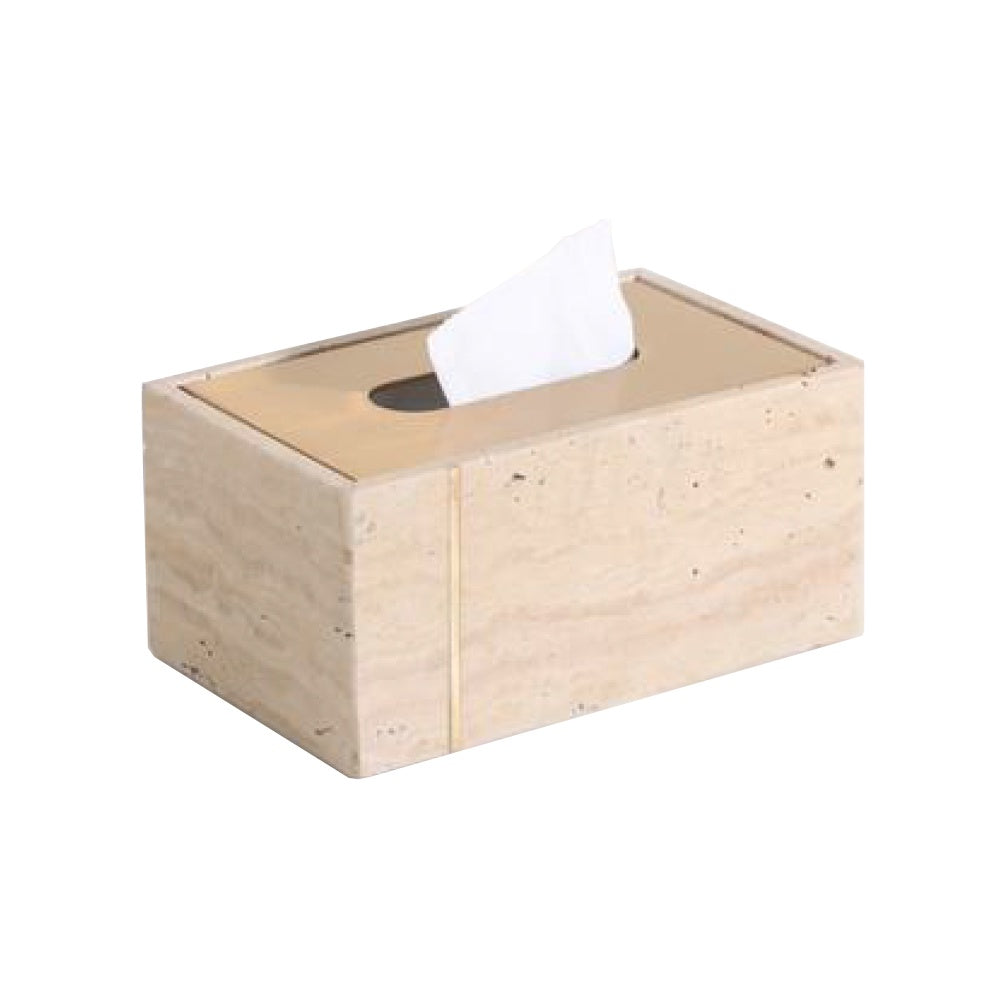 Beige Travertine Tissue Box with Brass Inlay D200857