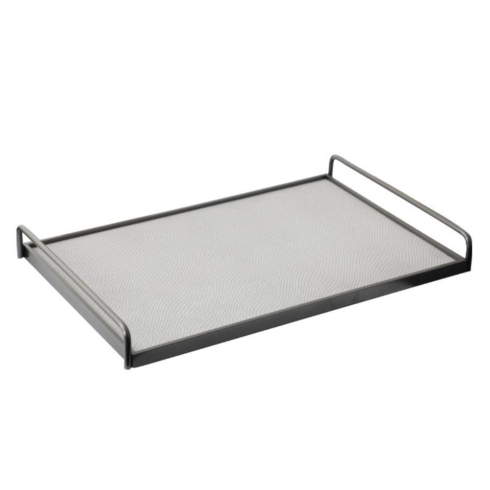 White Leather Tray with Brushed Black Stainless Steel Trim - Large DZ-0073