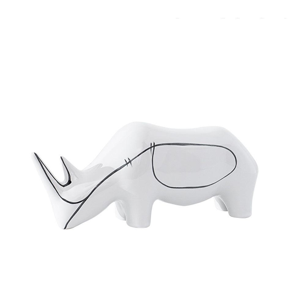 White Ceramic Rhino Sculpture with Black Linear Detail FA-D21084B