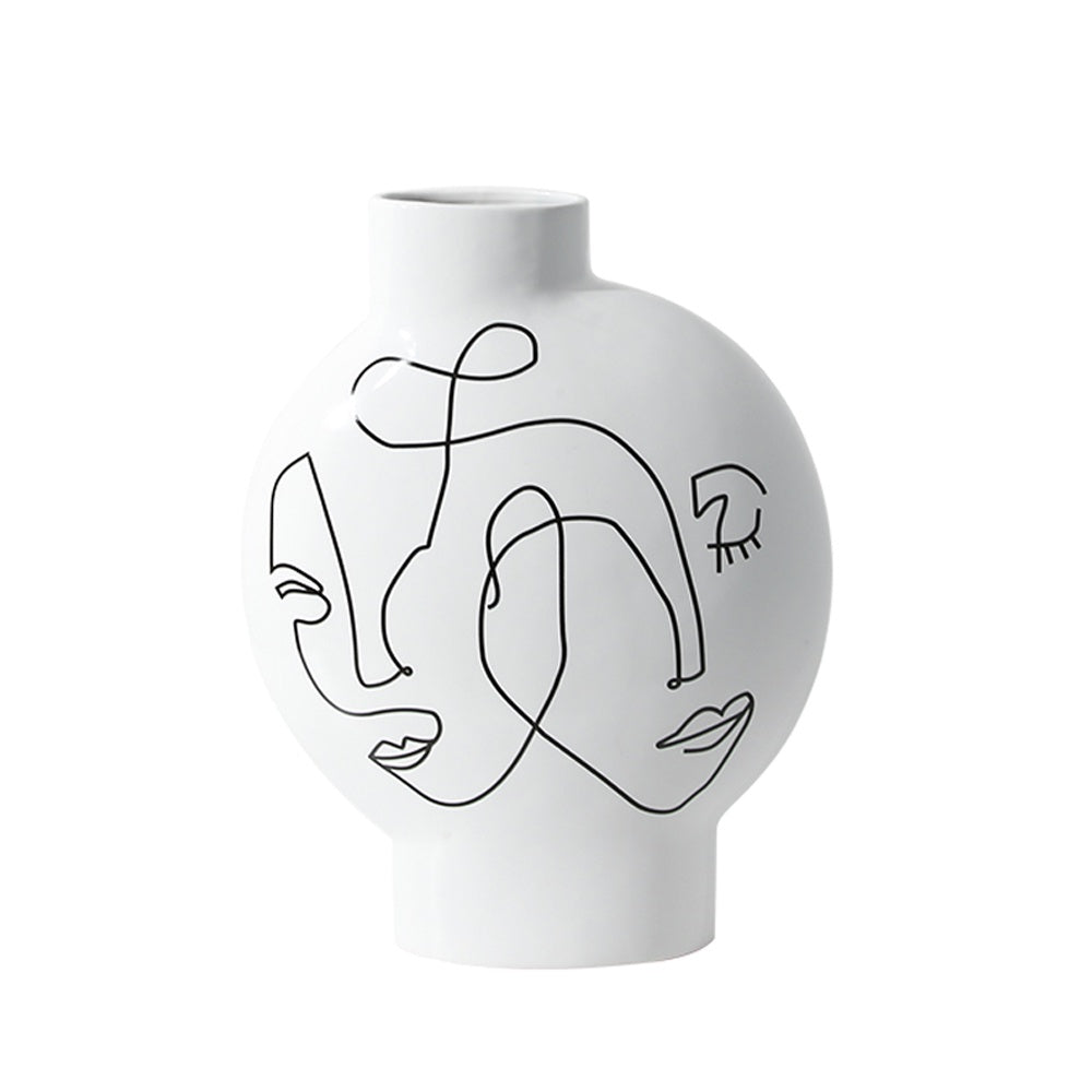 White Ceramic Vase with Linear Portrait Detail - Large FA-D21102A