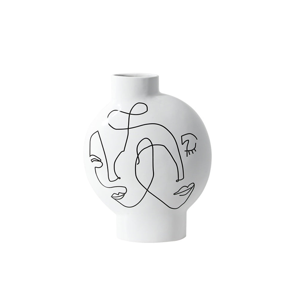 White Ceramic Vase with Linear Portrait Detail - Medium FA-D21102B