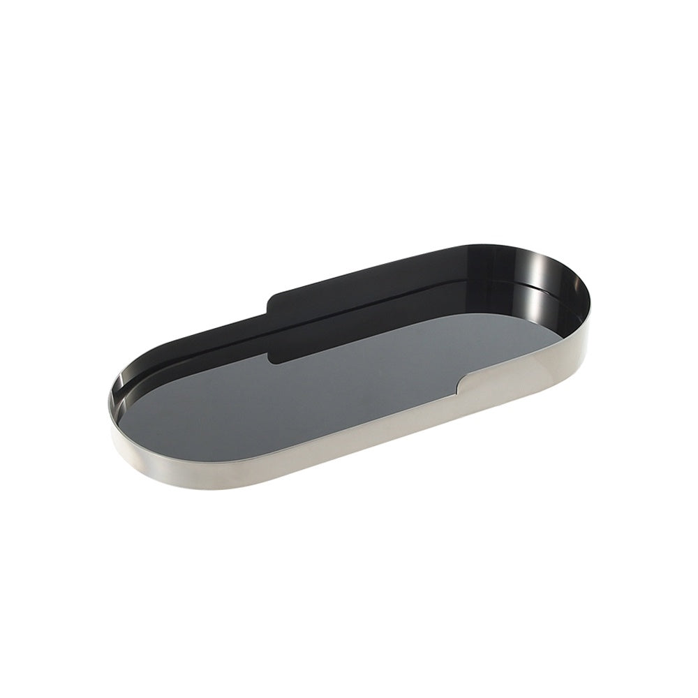 Black Glass Tray with Silver Metal Detail - Oval FC-W22007