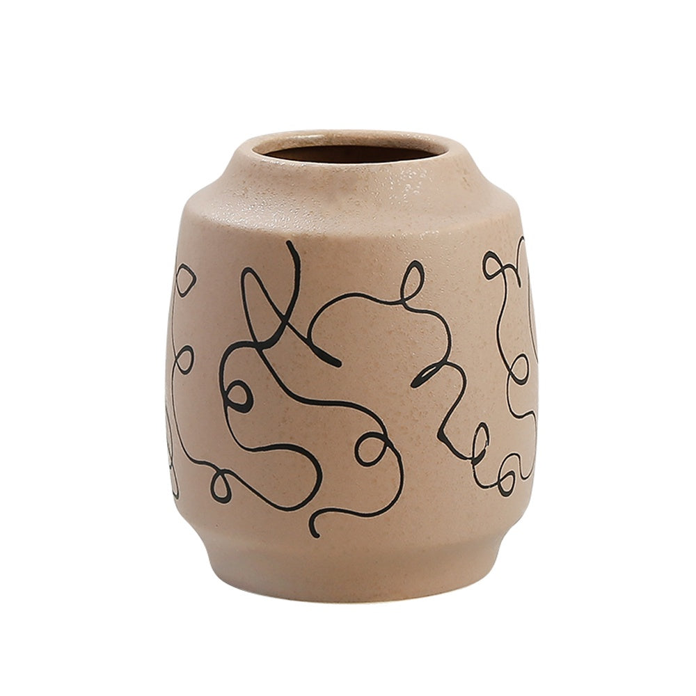 Dark Beige Ceramic Vase with Doodles - Short FD-D23079B