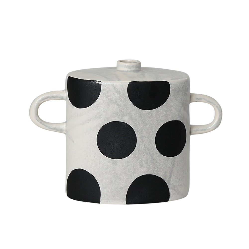 Black & White Ceramic Vase with Polkadot & Handle Detail FD-D23088C