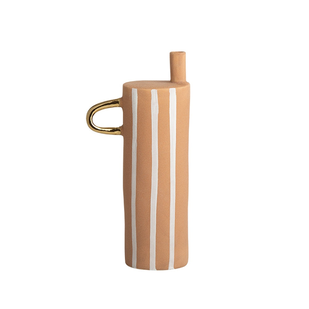 Clay & White Ceramic Vase with Stripe & Handle Detail FD-D23089A