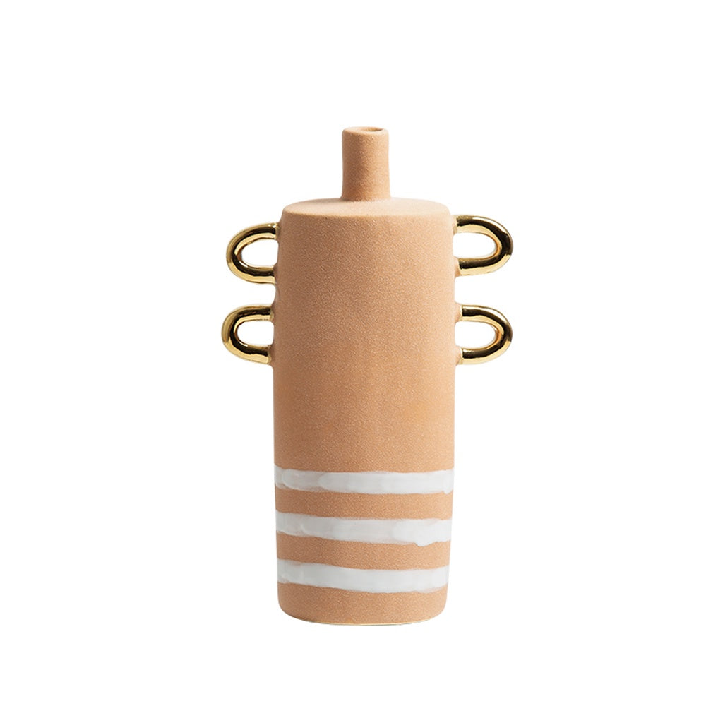 Clay & White Ceramic Vase with Stripe & Handle Detail FD-D23089B