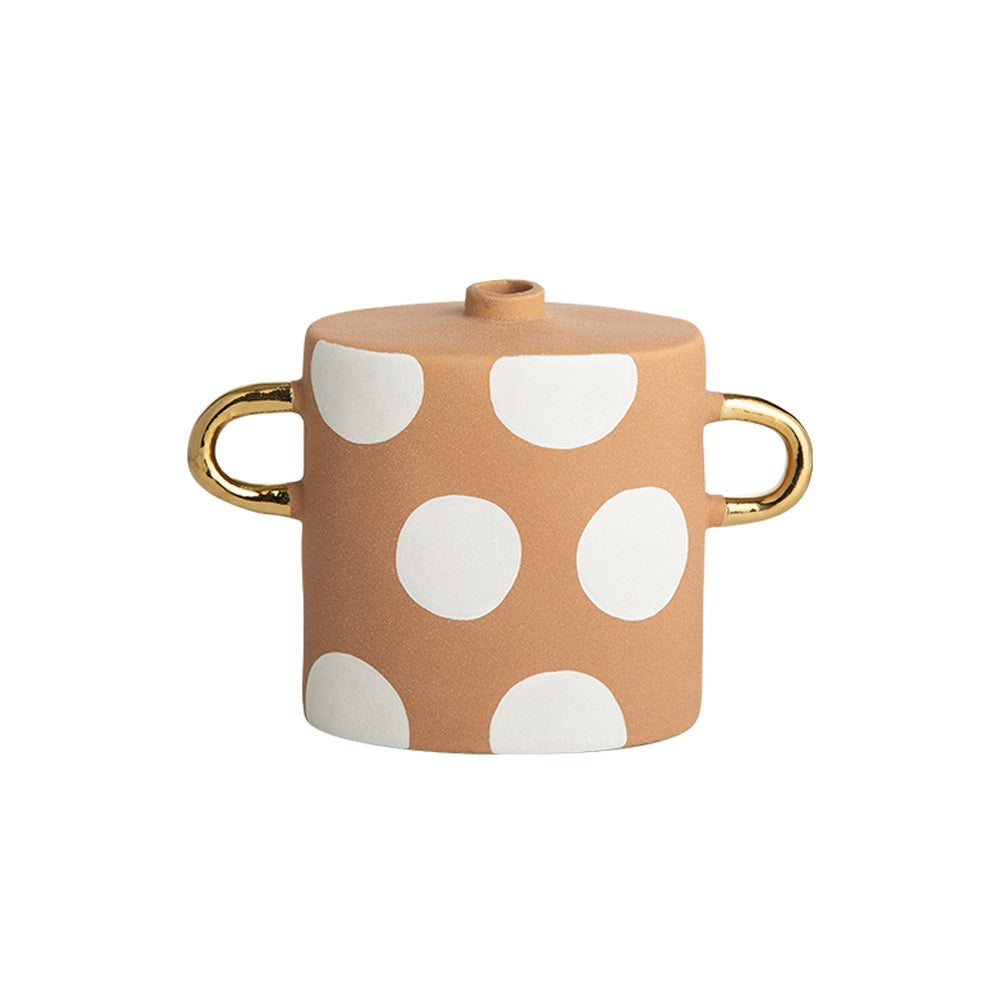 Clay & White Ceramic Vase with Polkadot & Handle Detail FD-D23089C