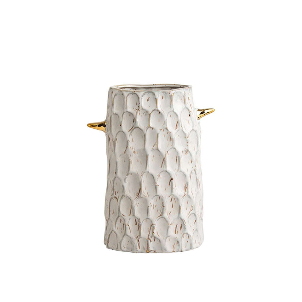 White Distressed Patterned Ceramic Vase with Gold Handle Detail FD-D23095B