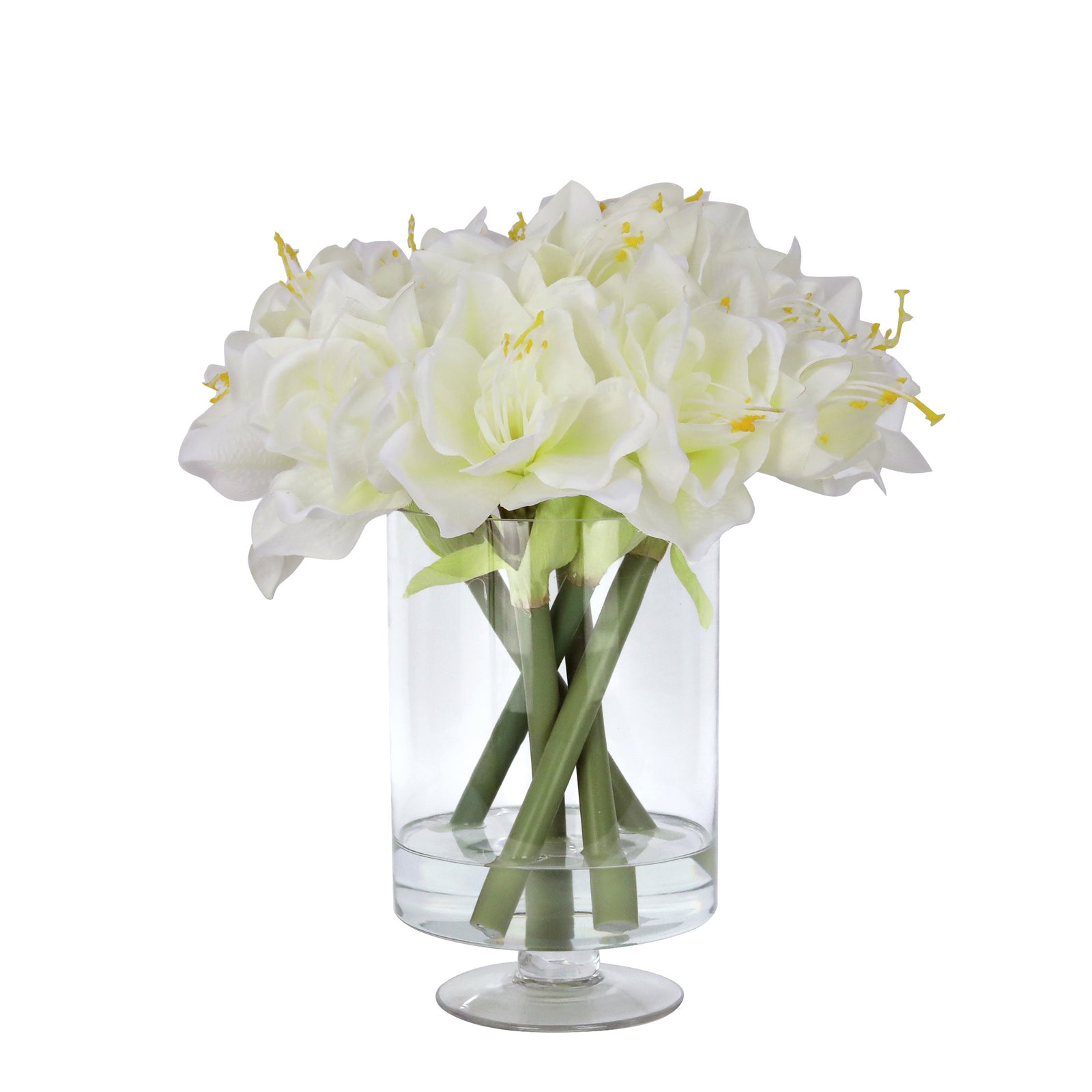 White Artificial Amaryllis Arrangement in Hurricane Vase IHR-AMR111-W