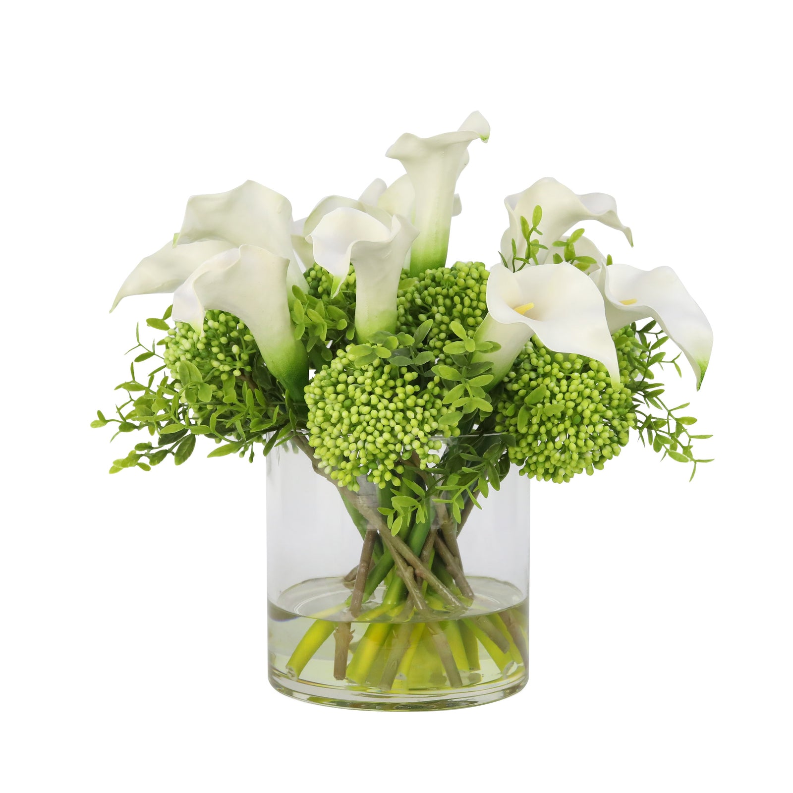 White Artificial Calla Lily & Wild Green Sedum Arrangement in Cylindrical Vase IHR-CLL122-W