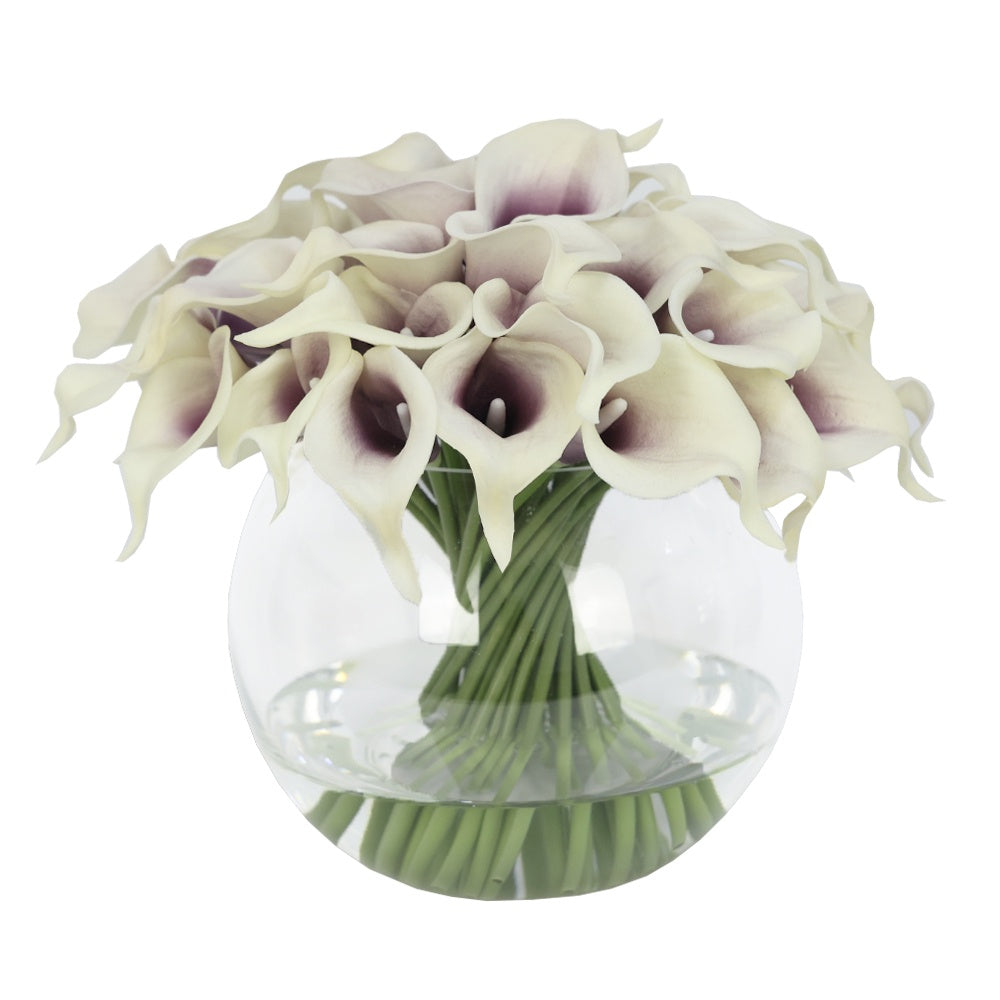 White & Shaded Purple Artificial Calla Lily Arrangement in Glass Globe Vase  IHR-CLY121-PR