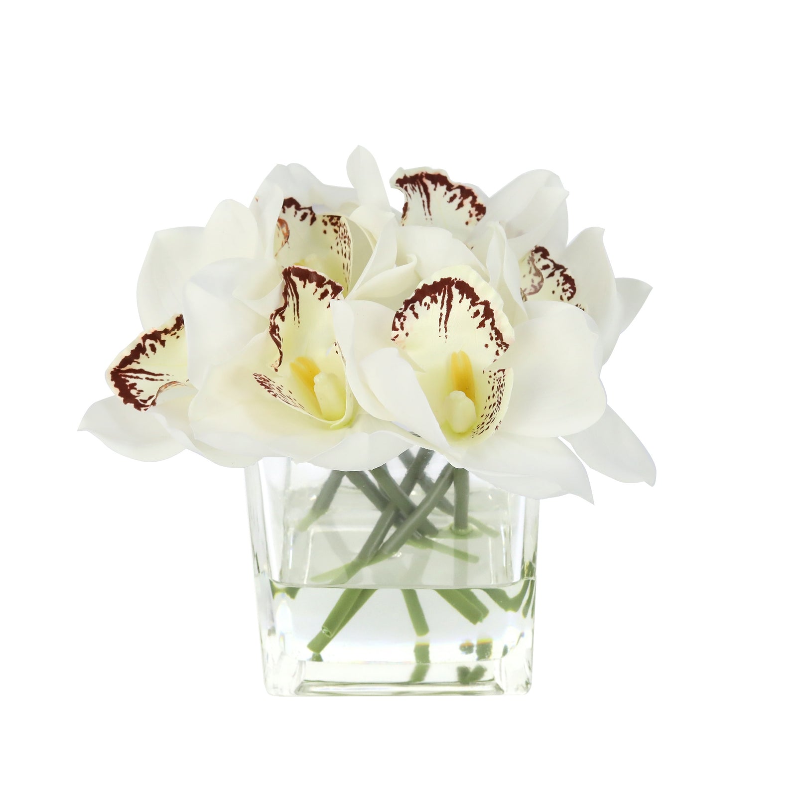White Artificial Cymbidium Arrangement in Square Vase - Small IHR-CYM115-W-S