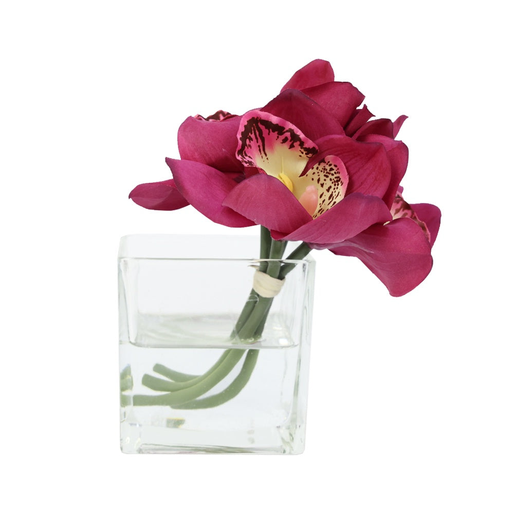 Dark Pink Artificial Cymbidium Mini Arrangement in Glass Square Vase IHR-CYM117-DP-S