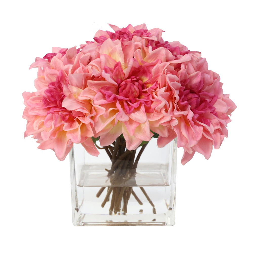 Coral Artificial Dahlia Arrangement in Glass Square Vase -  Large IHR-DAH101-CL-L