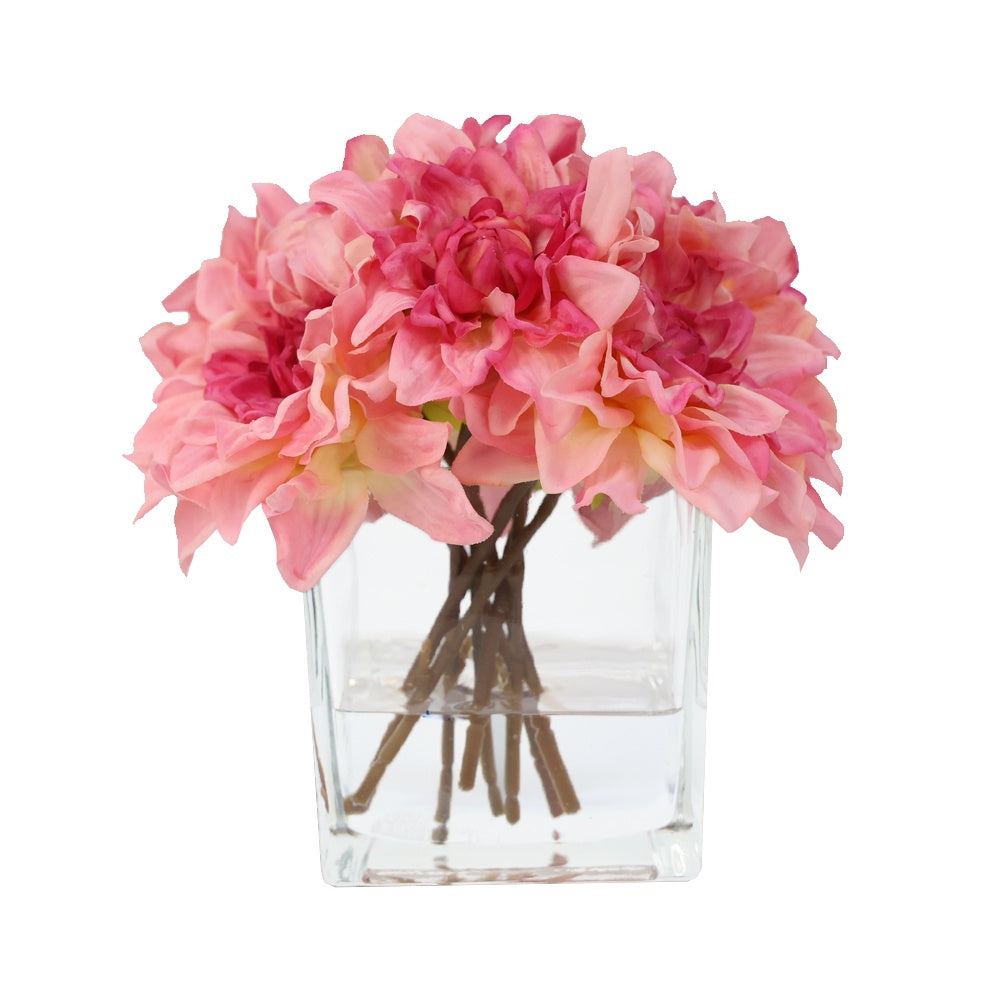 Coral Artificial Dahlia Arrangement in Glass Square Vase - Medium IHR-DAH101-CL-M