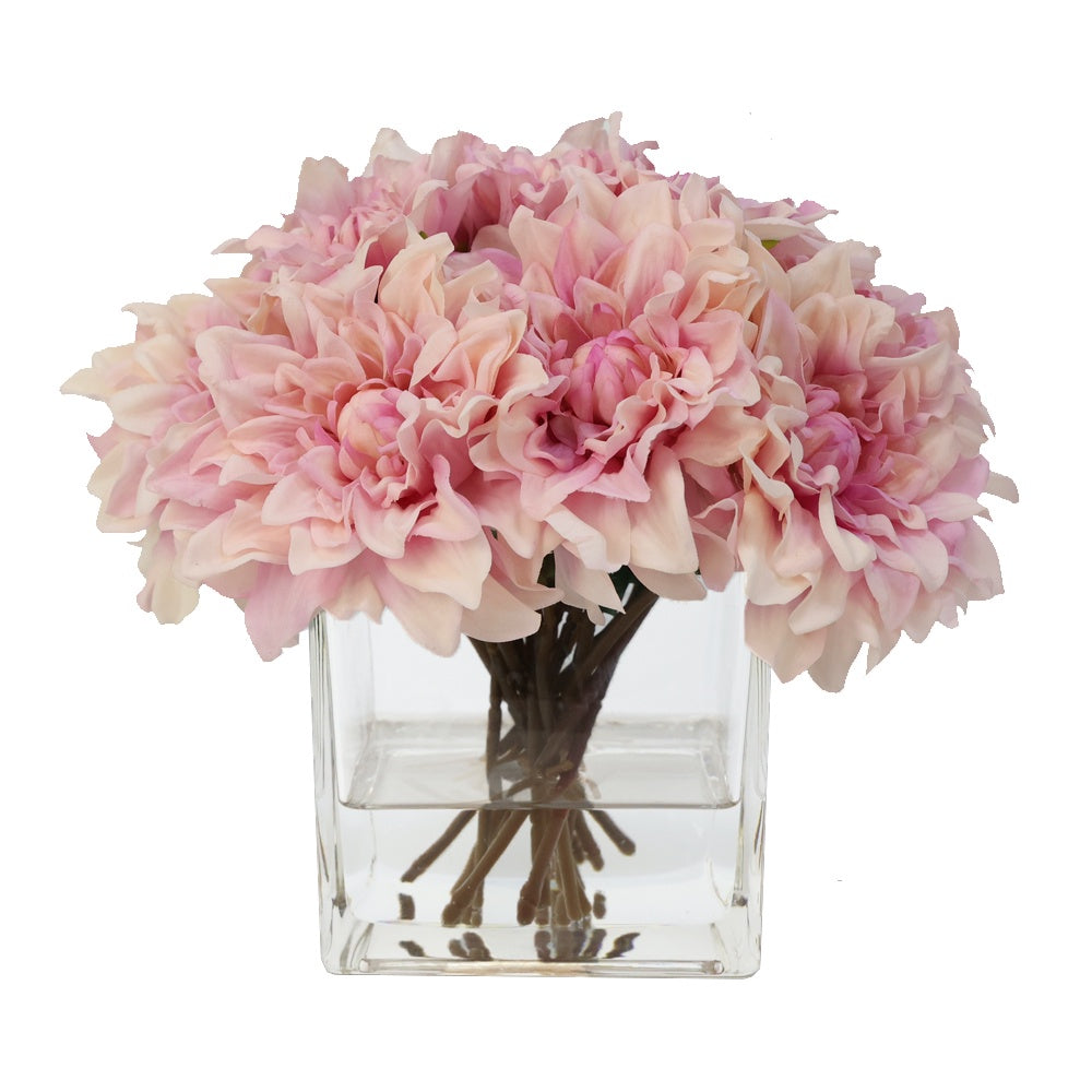 Light Pink Artificial Dahlia Arrangement in Glass Square Vase -  Large IHR-DAH101-LP-L