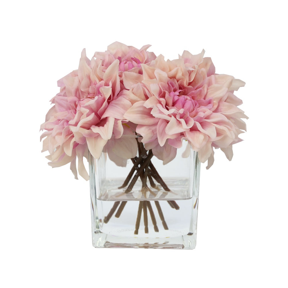 Light Pink Artificial Dahlia Arrangement in Glass Square Vase - Medium IHR-DAH101-LP-M