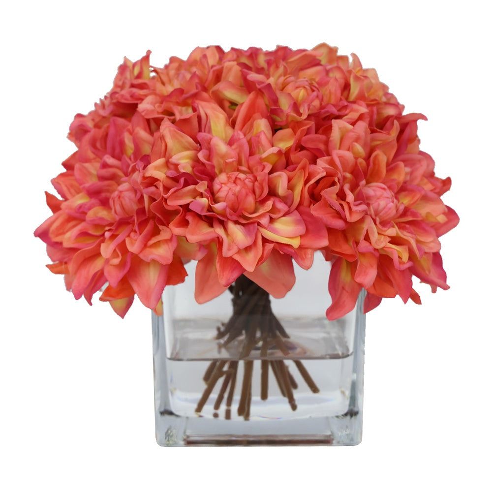 Orange Artificial Dahlia Arrangement in Glass Square Vase -  Large IHR-DAH101-OR-L