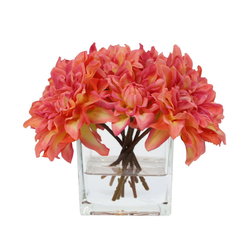Orange Artificial Dahlia Arrangement in Glass Square Vase - Medium IHR-DAH101-OR-M