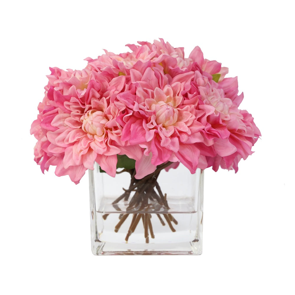 Rose Artificial Dahlia Arrangement in Glass Square Vase -  Large IHR-DAH101-PK-L