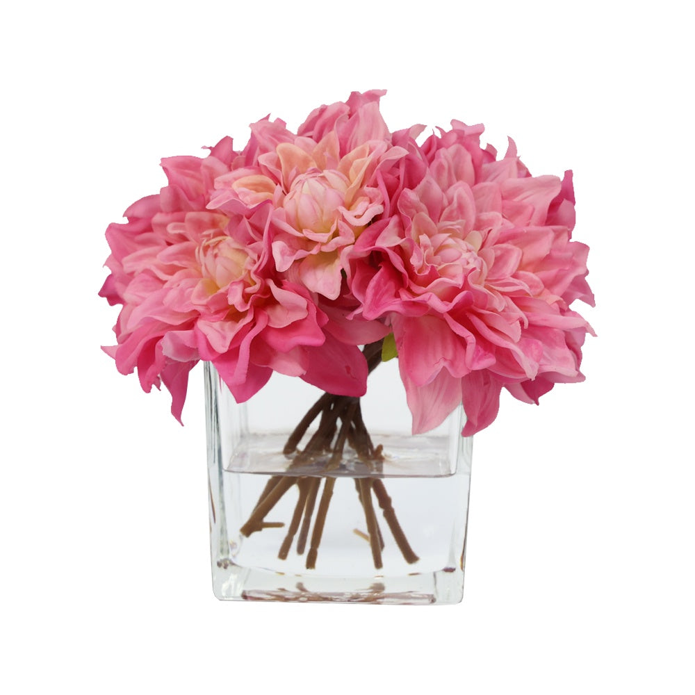 Rose Artificial Dahlia Arrangement in Glass Square Vase - Medium IHR-DAH101-PK-M