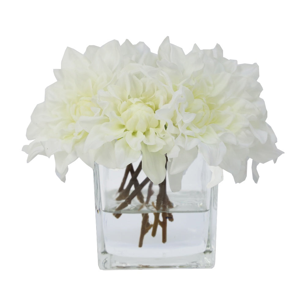 White Artificial Dahlia Arrangement in Glass Square Vase - Medium IHR-DAH101-W-M