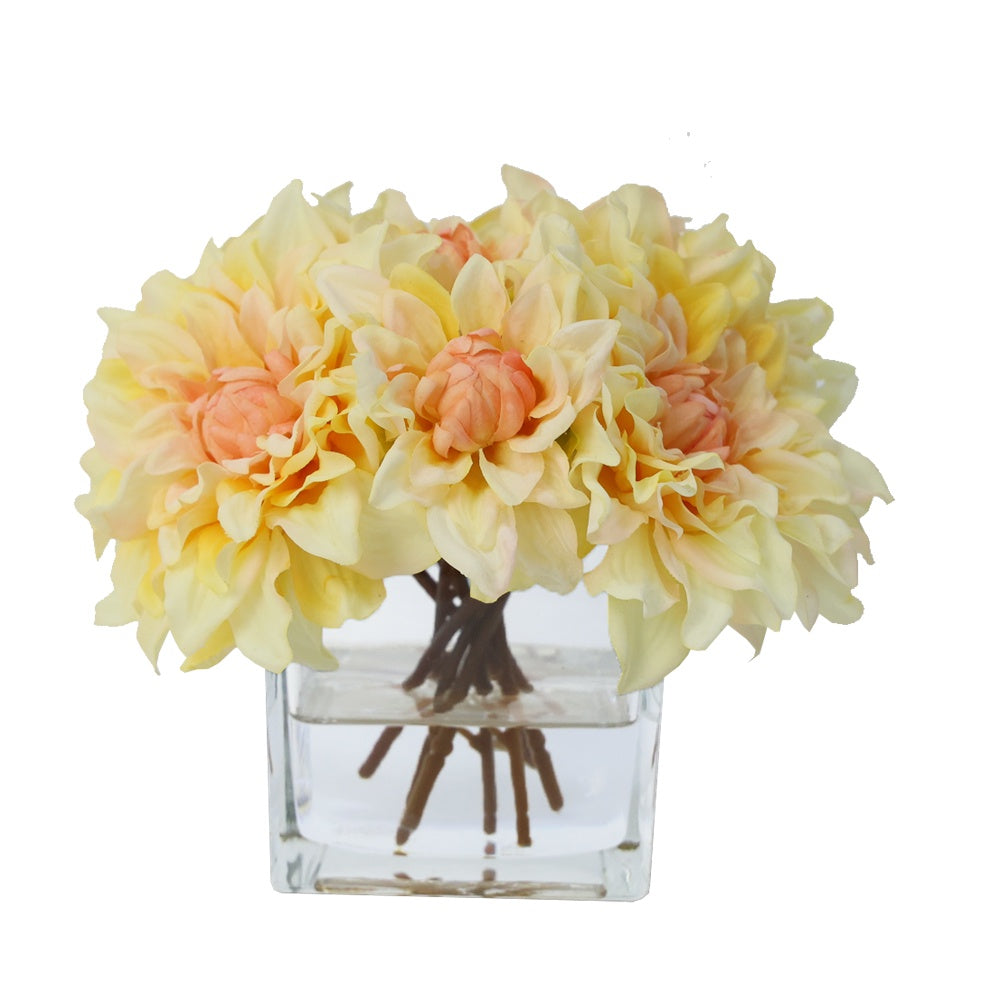 Yellow Artificial Dahlia Arrangement in Glass Square Vase - Medium IHR-DAH101-YL-M