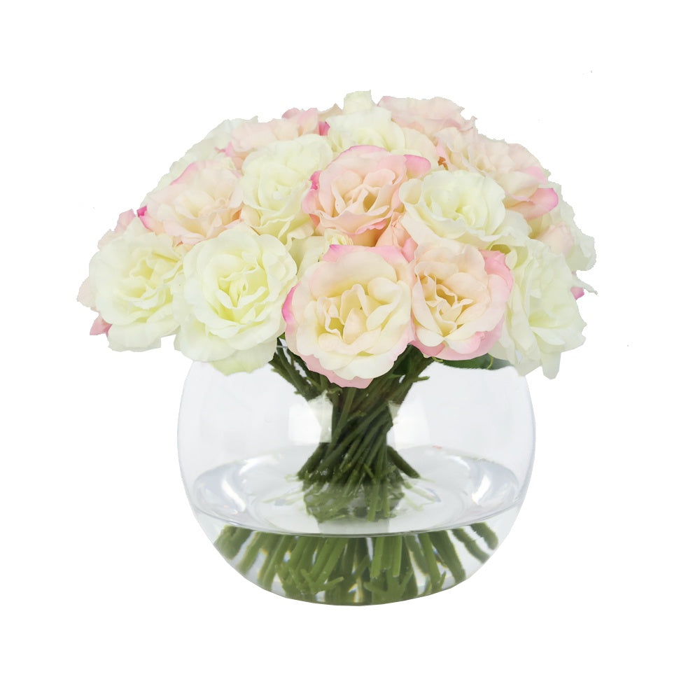 White & Light Pink Artificial Eustoma Arrangement in Glass Globe Vase - Medium IHR-EUS010-WLP-M