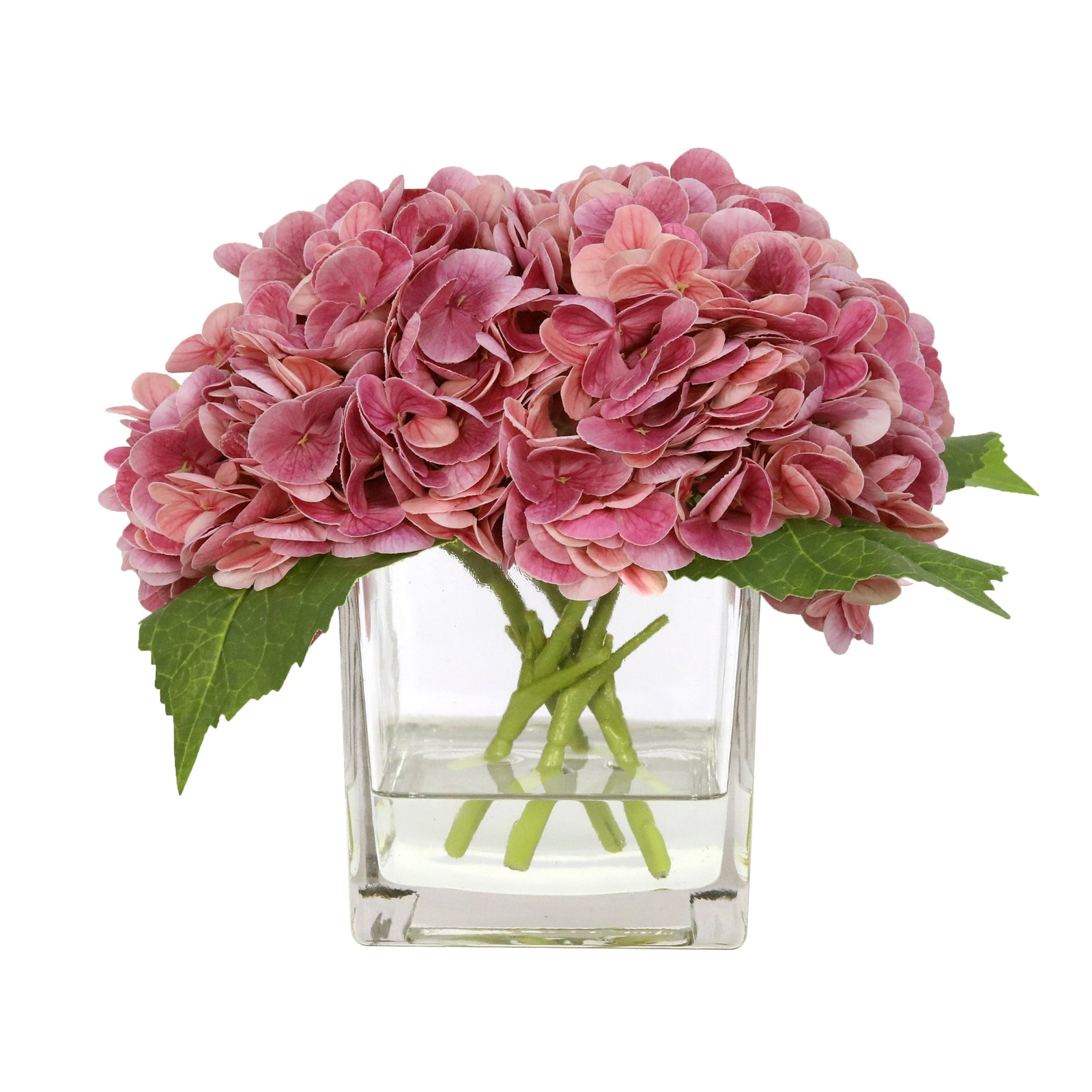 Dark Pink Artificial Hydrangea Arrangement in Square Vase - Medium IHR-HYD020-DP-M