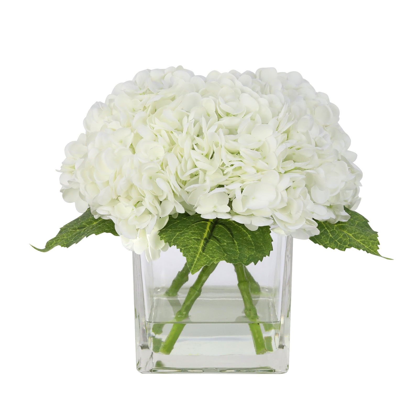 White Artificial Hydrangea Arrangement in Square Vase - Large IHR-HYD020-W-L