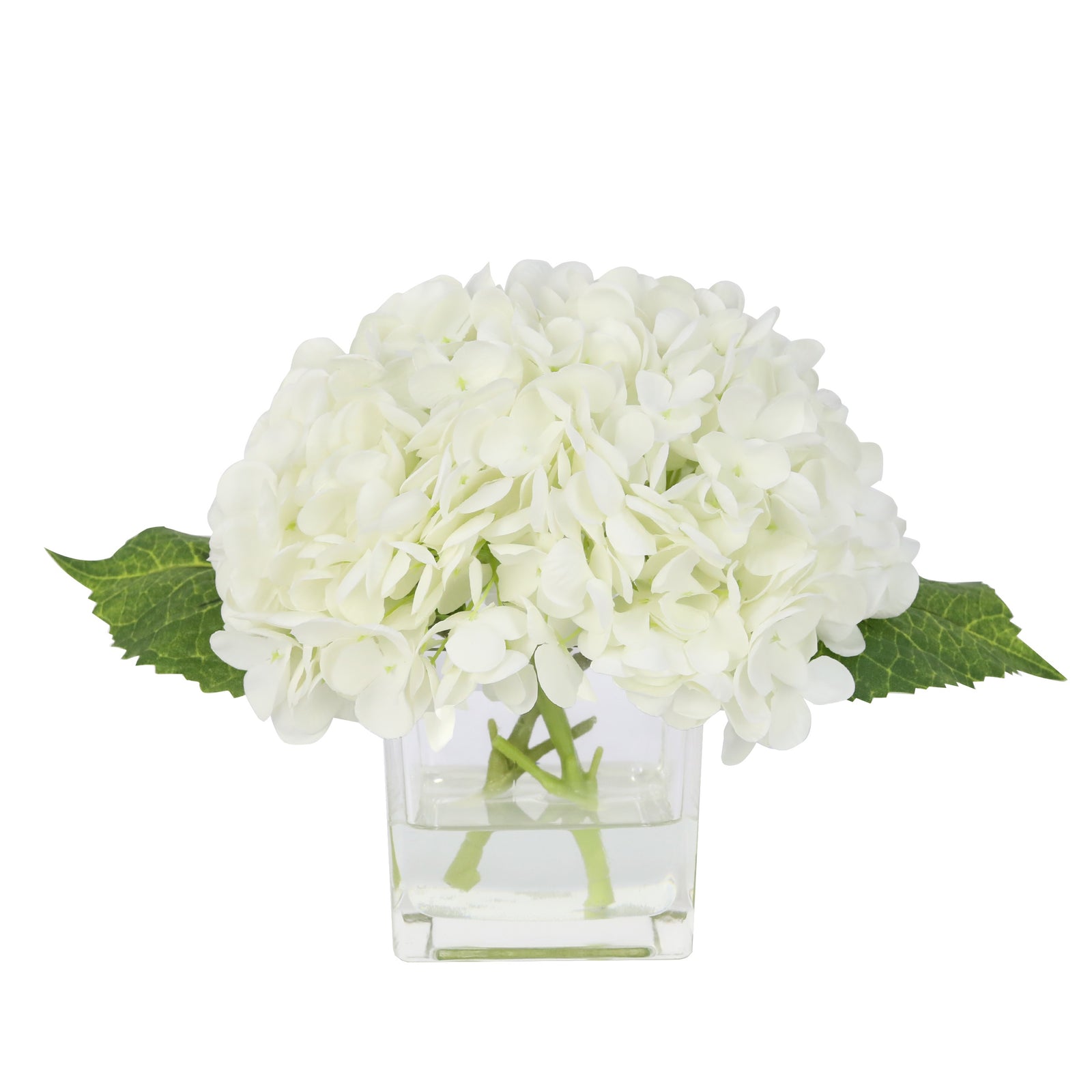 White Artificial Hydrangea Arrangement in Square Vase - Small IHR-HYD020-W-S