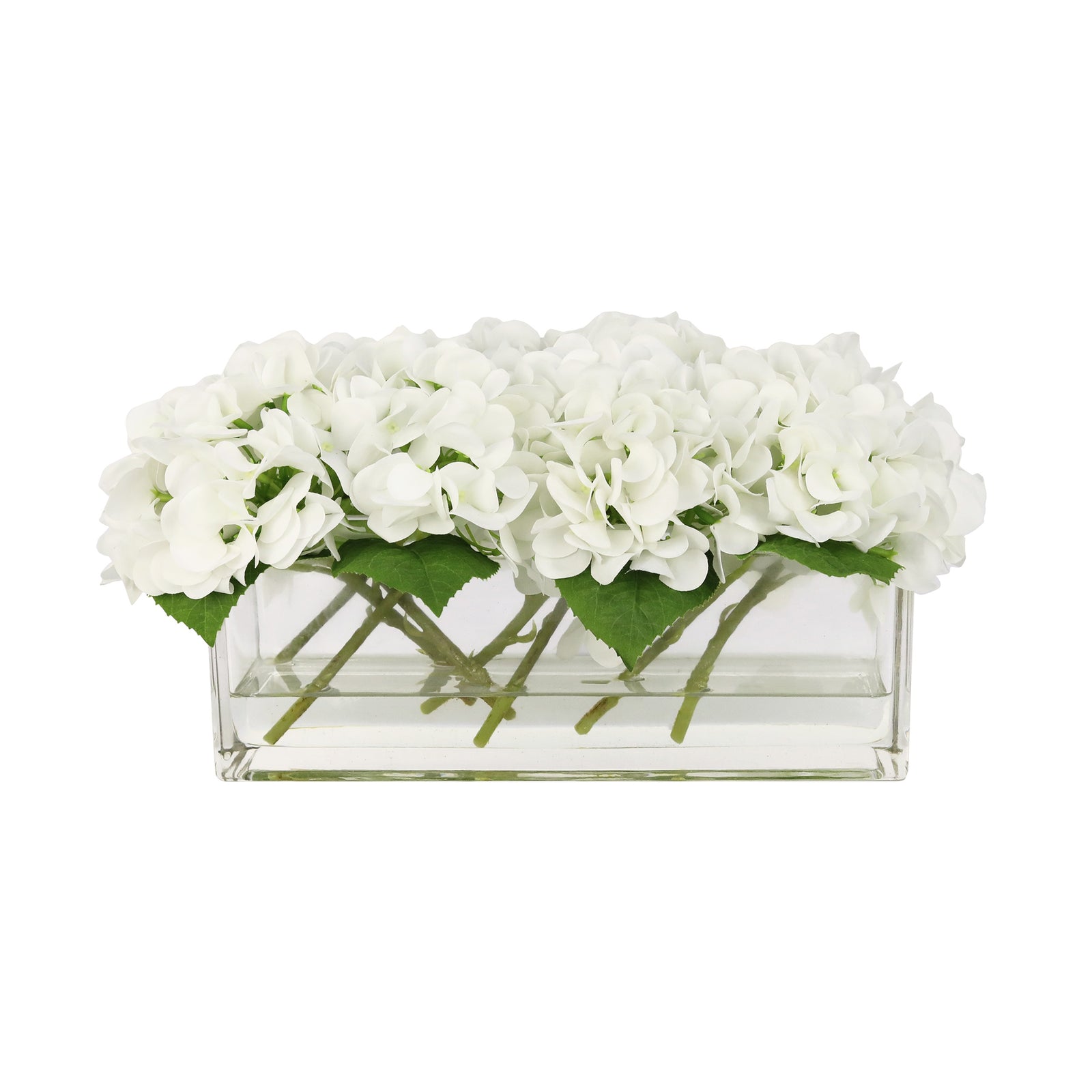 White Artificial Hydrangea Arrangement in Rectangular Vase - Long IHR-HYD030-W