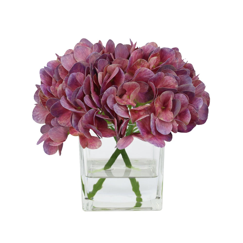 Pink Artificial Hydrangea Arrangement in Glass Square Vase IHR-HYD050-PK-SQ