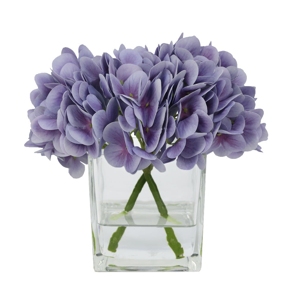 Purple Artificial Hydrangea Arrangement in Glass Square Vase IHR-HYD050-PR-SQ