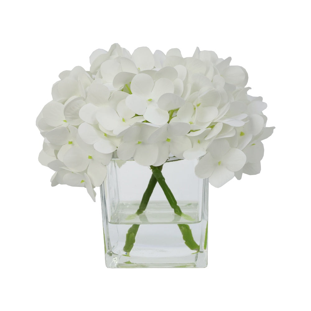 White Artificial Hydrangea Arrangement in Glass Square Vase IHR-HYD050-W-SQ