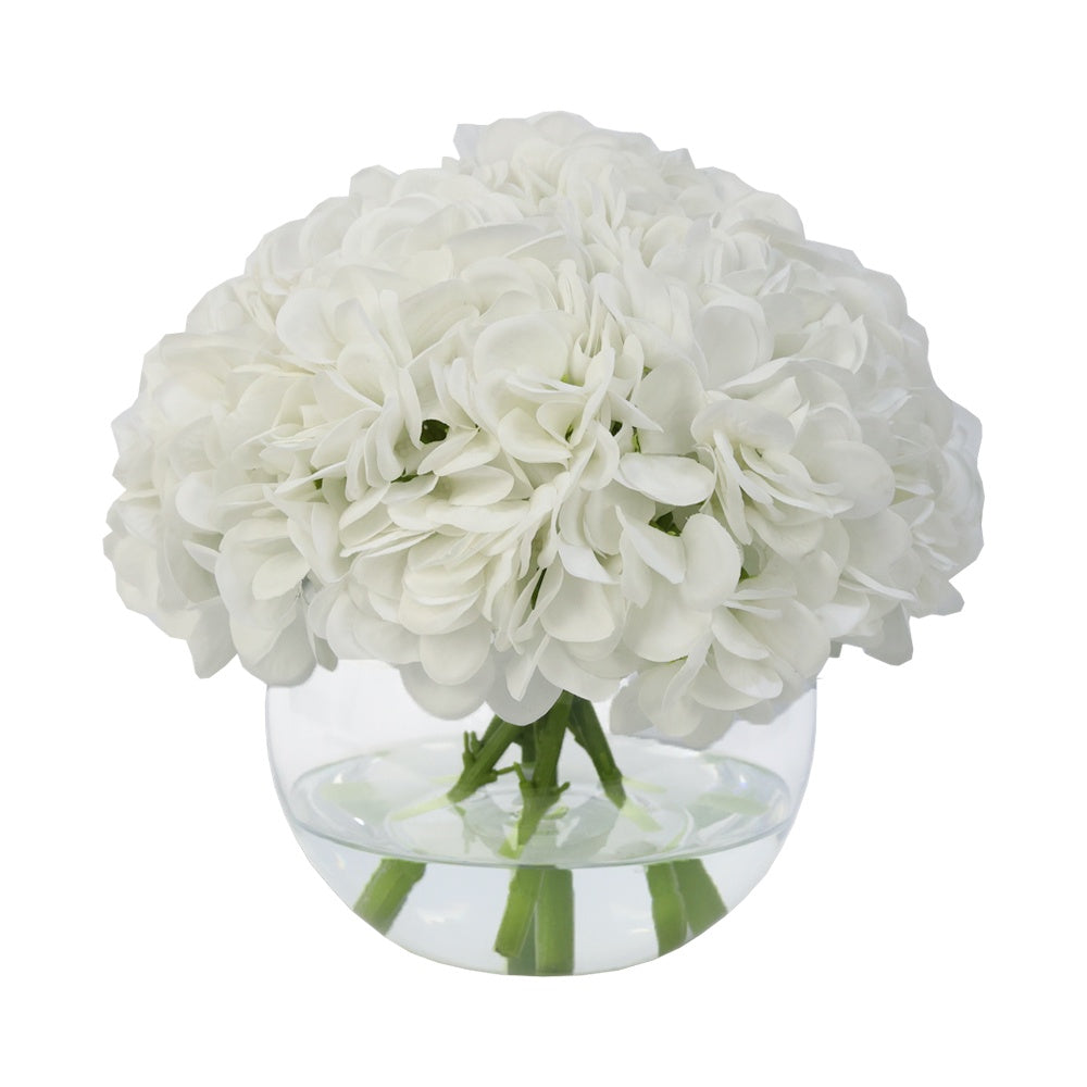 White Artificial Hydrangea Arrangement in Glass Globe Vase - Large IHR-HYD060-W-L