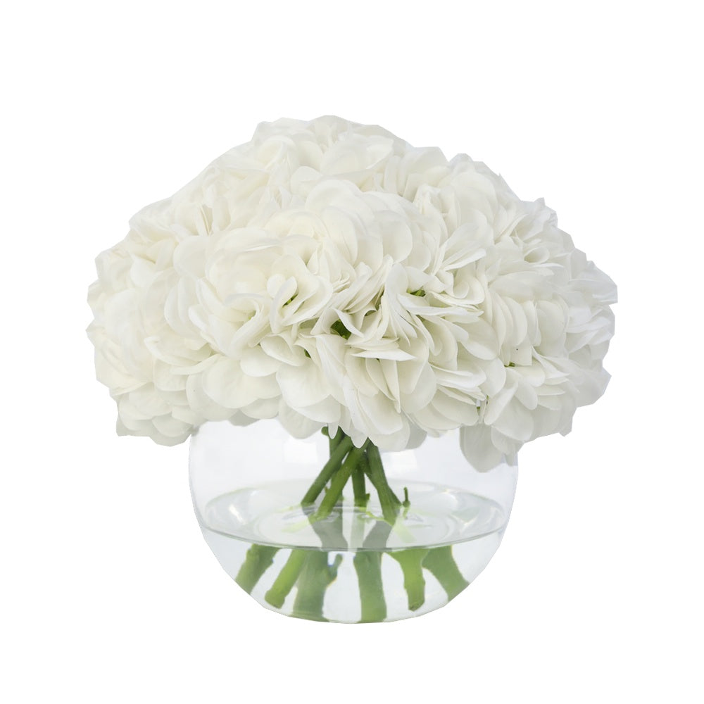 White Artificial Hydrangea Arrangement in Glass Globe Vase - Medium IHR-HYD060-W-M