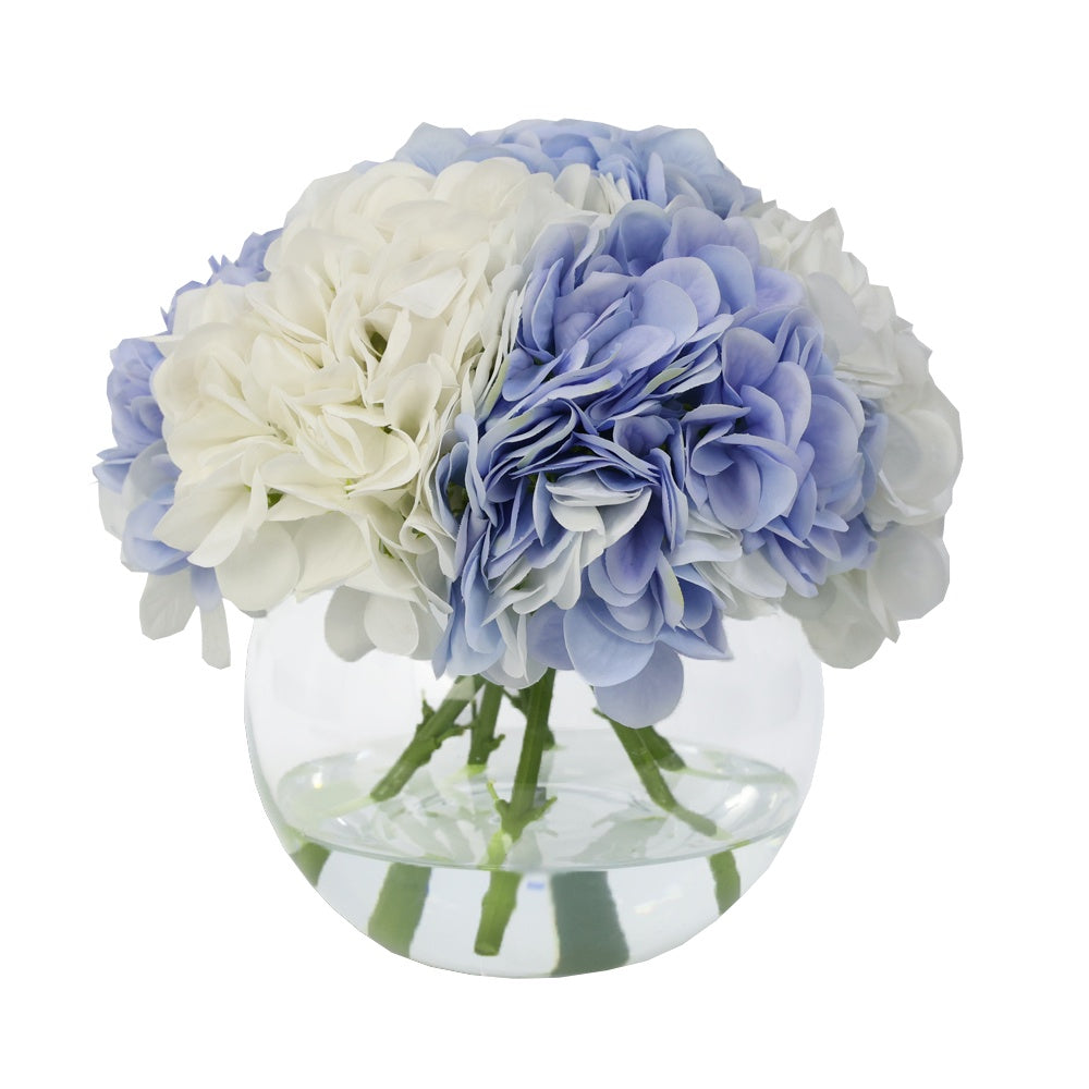 White and Blue Artificial Hydrangea Arrangement in Glass Globe Vase - Large IHR-HYD060-WBL-L