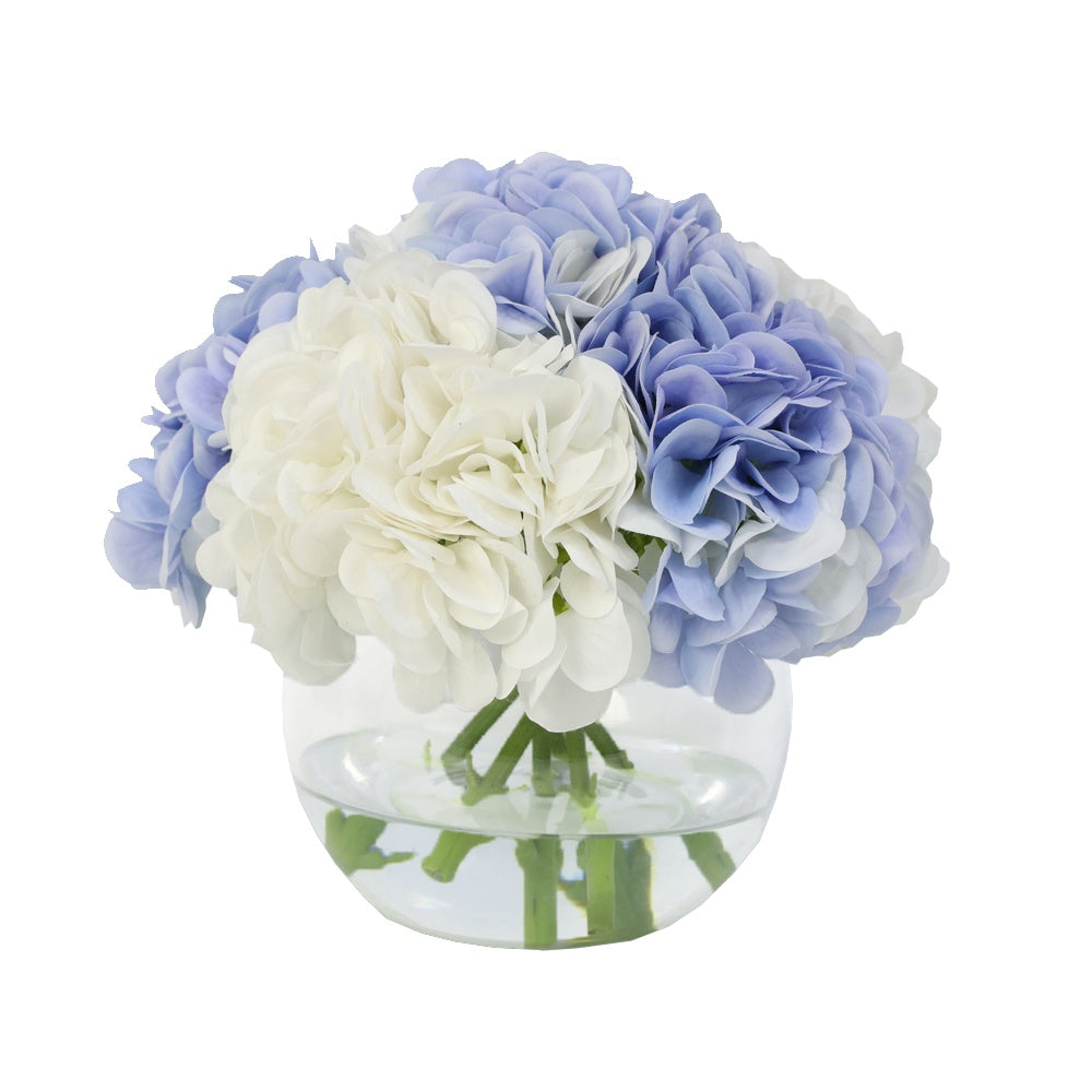 White and Blue Artificial Hydrangea Arrangement in Glass Globe Vase - Medium IHR-HYD060-WBL-M