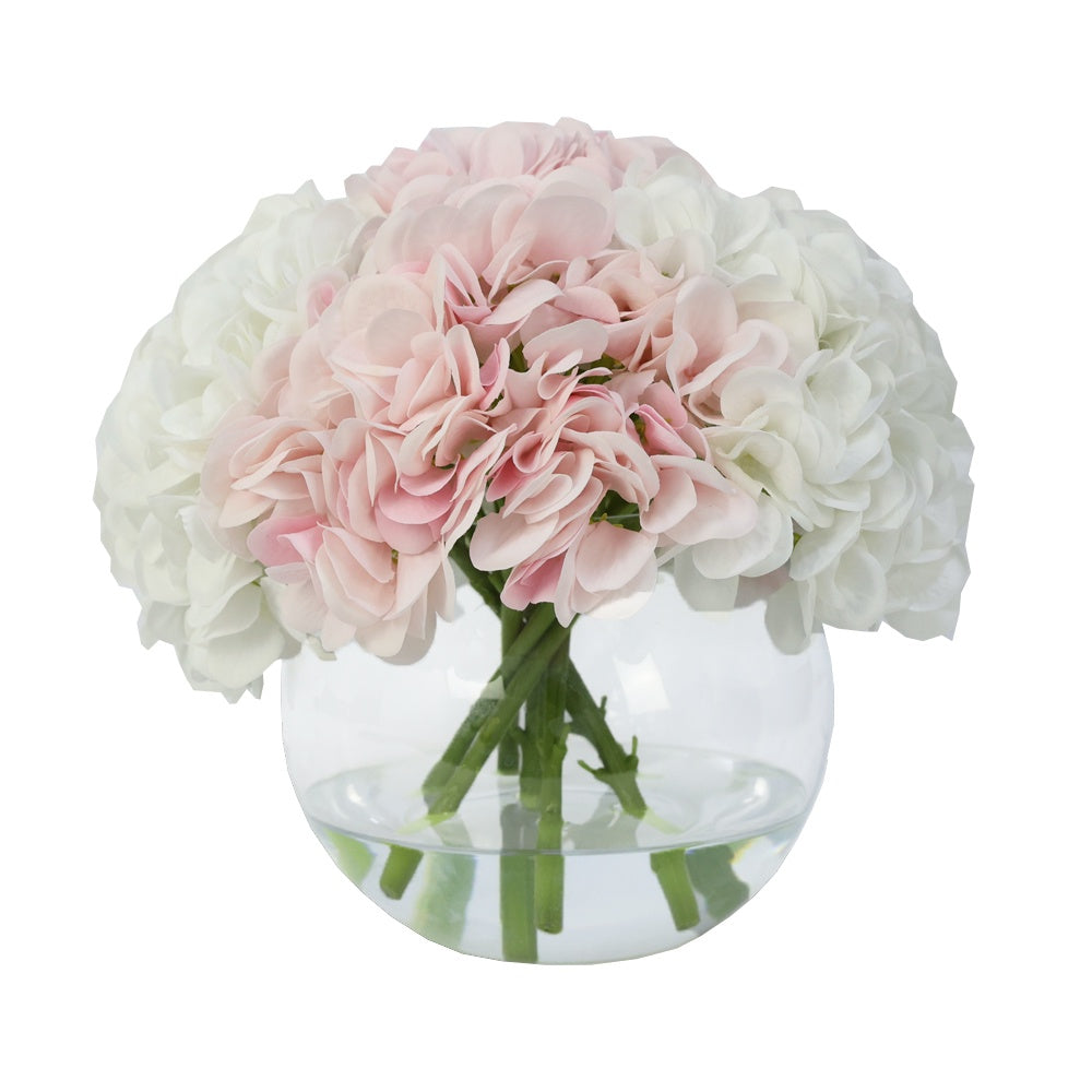 White and Light Pink Artificial Hydrangea Arrangement in Glass Globe Vase - Large IHR-HYD060-WLP-L