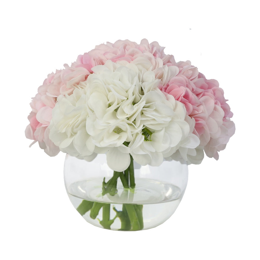 White and Light Pink Artificial Hydrangea Arrangement in Glass Globe Vase - Medium IHR-HYD060-WLP-M