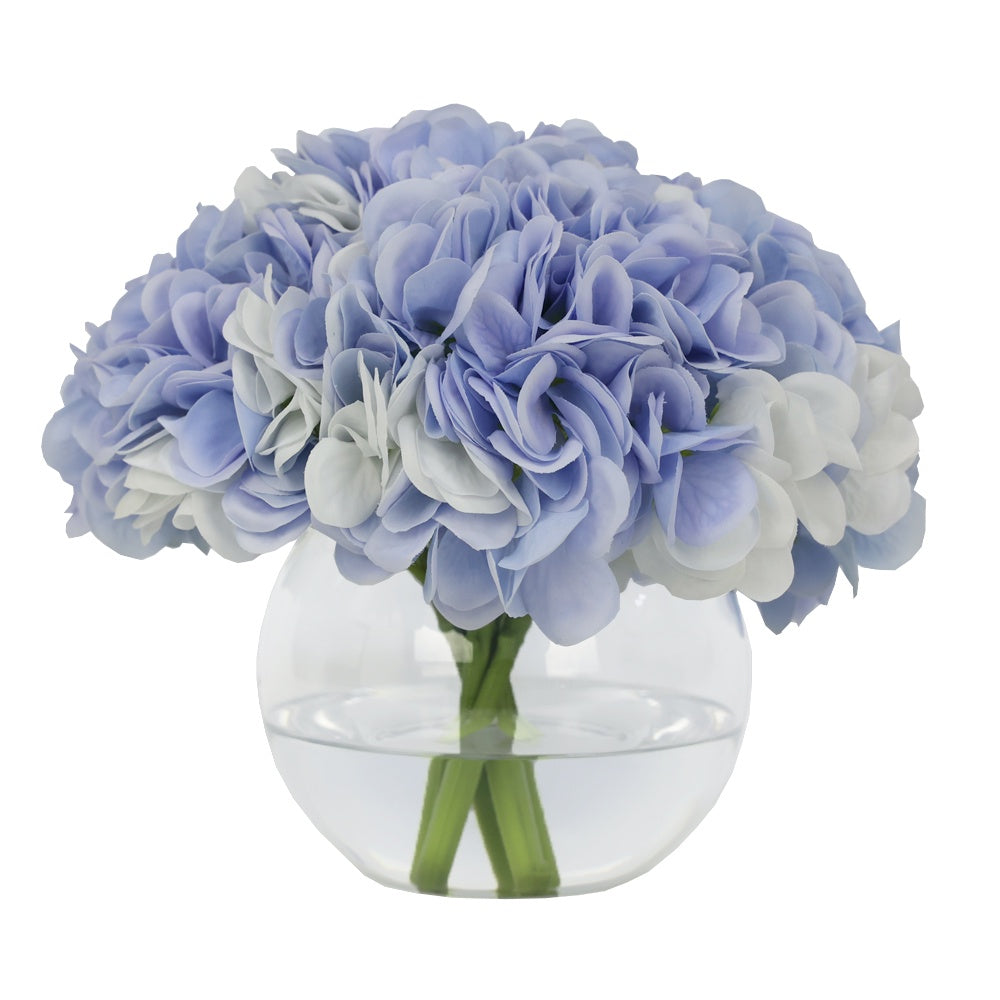 Blue Artificial Hydrangea Arrangement in Glass Globe Vase - Medium IHR-HYD070-BL-M