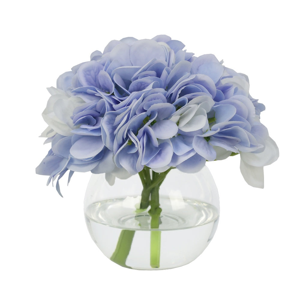 Blue Artificial Hydrangea Arrangement in Glass Globe Vase - Small IHR-HYD070-BL-S