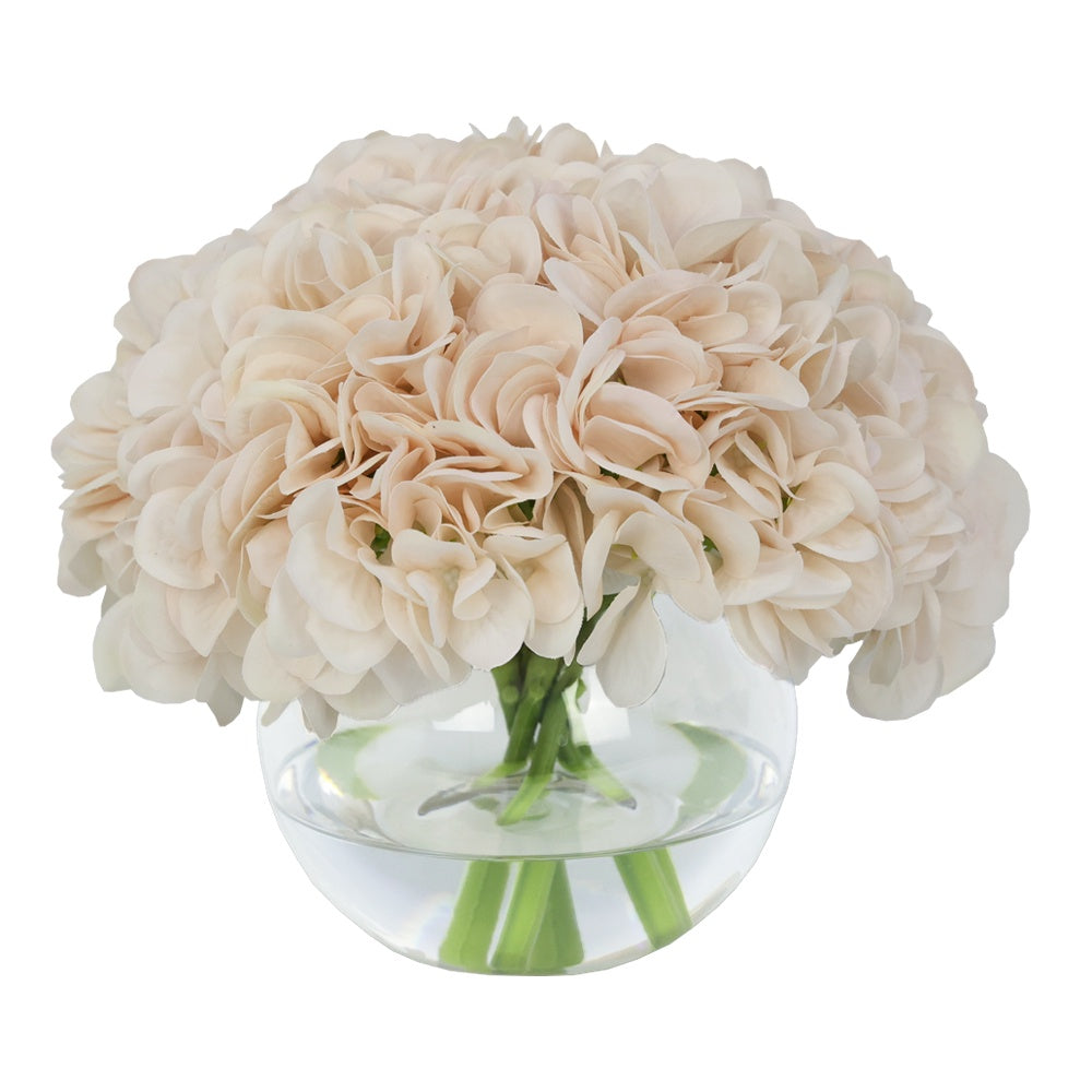 Champagne Artificial Hydrangea Arrangement in Glass Globe Vase - Medium IHR-HYD070-CH-M