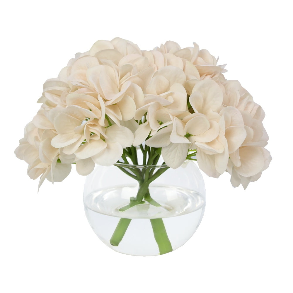 Chamgpagne Artificial Hydrangea Arrangement in Glass Globe Vase - Small IHR-HYD070-CH-S