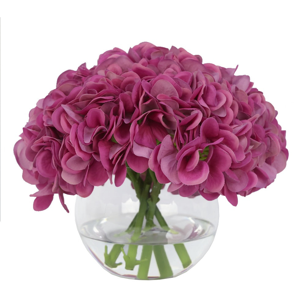 Rose Artificial Hydrangea Arrangement in Glass Globe Vase - Medium IHR-HYD070-DP-M