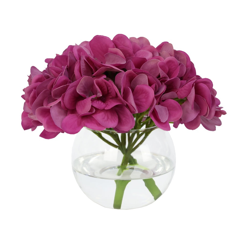 Rose Artificial Hydrangea Arrangement in Glass Globe Vase - Small IHR-HYD070-DP-S