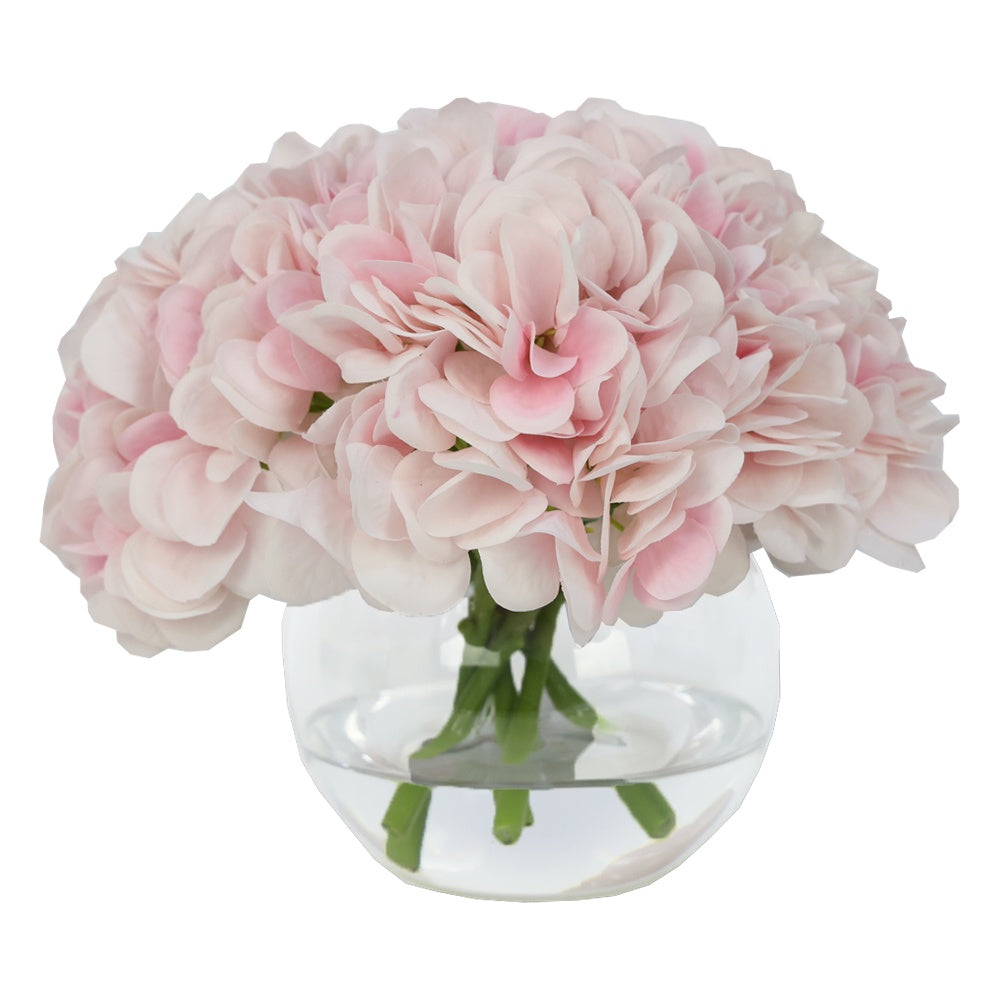 Light Pink Artificial Hydrangea Arrangement in Glass Globe Vase - Medium IHR-HYD070-LP-M