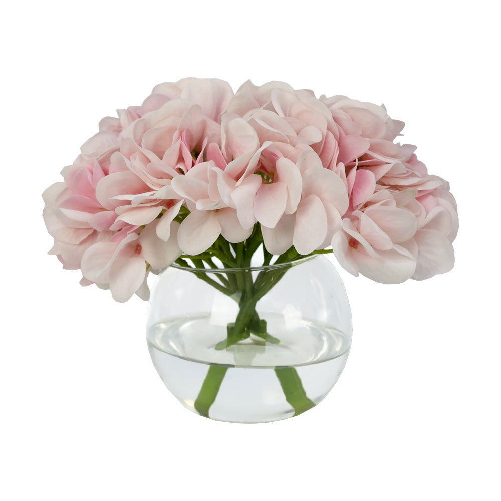 Light Pink Artificial Hydrangea Arrangement in Glass Globe Vase - Small IHR-HYD070-LP-S
