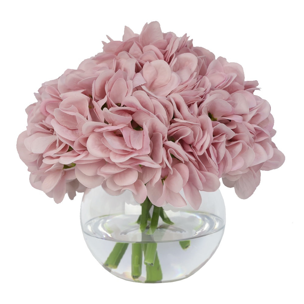 Dusty Pink Artificial Hydrangea Arrangement in Glass Globe Vase - Medium IHR-HYD070-PK-M